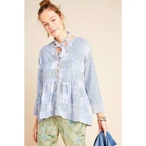Anthropologie Blue & White Striped Peplum Button-Front Blouse